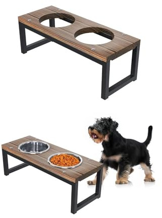 QLS Napfständer für Hunde aus Holz und Stahl geflammt 17,5 cm Doppel Futternapf inkl. 2X 0,9 L