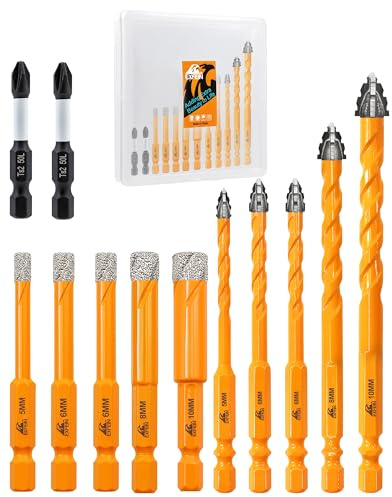 EXFEIN - Juego de 12 brocas para azulejos y mampostería de 5 mm a 10 mm, juego de brocas de diamante y carburo para azulejos, hormigón, ladrillo, madera, plástico con vástago hexagonal de cambio
