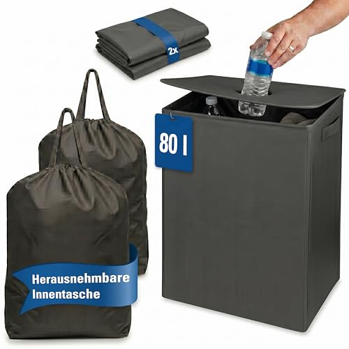 LEFELD Pfandflaschen-Sammelbehälter 80 Liter – mit Deckel, 2 herausnehmbaren waschbaren Innentaschen & stabilem Boden – für Keller, Garage & Haushalt – platzsparend & hygienisch