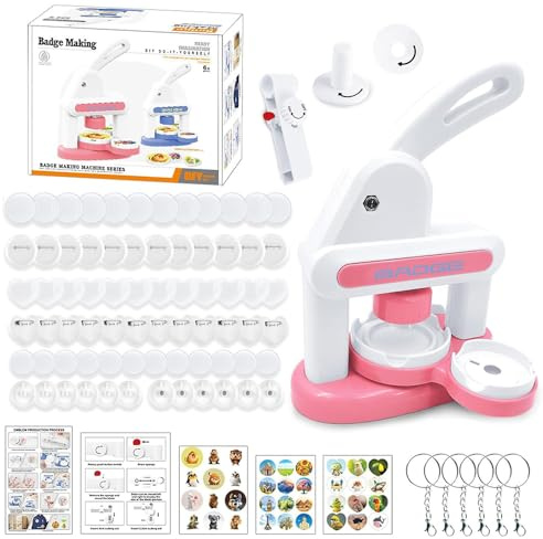 KBIBCK Button Maker Machine, 35mm and 55mm Badge Punch Press Kit, Badge Making Kit for Kids with 72 Pcs Button Parts and 3 Stickers, Badge Machine with Circle Cutter for Party, Events, Gifts (Pink)