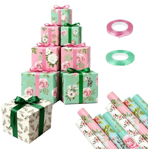 Floral Wrapping Paper – 8 Sheets Flower Wrapping Paper 50 x 70cm, Recyclable Gift Wrapping Paper for Women, Wrapping Papers for Her Birthday, Wedding, Mother’s Day, Valentine’s, Christmas