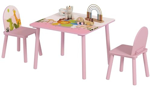 AIYAPLAY Mesa Infantil con 2 Sillas para Niños y Niñas de 3-8 Años Rosa | Mesa y Sillas Infantil, Estampados de Animales, para Hogar, Guardería, Aulas