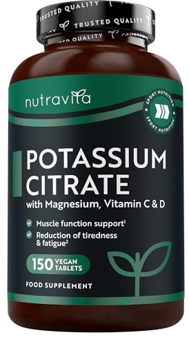 Nutravita Integratore di potassio 525 mg con vitamine C, D e magnesio - 150 compresse vegane - Citrato di potassio ad alto dosaggio - l'equilibrio elettrolitico & normale funzione muscolare