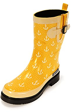 MADSea Botas de agua para mujer Ocean Anchor de media caña | Botas de lluvia impermeables con pliegue elástico para jardín con diseño de ancla, Amarillo con Anclajes Blancos, 39 EU