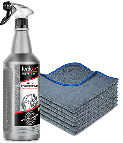 ferdotec® detergente Speciale per Ruote (1 x 1 L) Potente e Privo di acidi + 6 Panni in Microfibra 380GSM (g/mq) 40 x 40 cm (Blu/Antracite) | Detergente per Cerchioni Auto con indicatore di Azione