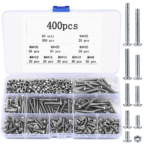 XxinXrong400 Stk M4 Flachrundkopfschrauben, Linsenkopfschrauben und Muttern Set, Rundkopf Sechskantschrauben Sortiment Set, Halbrundkopfschrauben mit Innensechskant, Gewindeschrauben