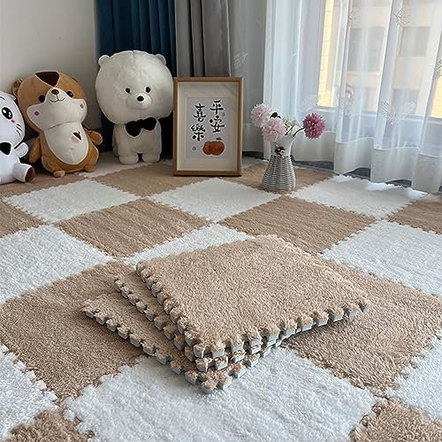 10 Pezzi 12x12 Tappetino Puzzle In Schiuma Di Peluche Con Bordo, Tappeto Quadrato Ad Incastro Soffice Tappeto, Tappetino Antiscivolo Per Camera Da Letto Da Salotto(Color:Caffè chiaro +Bianco)