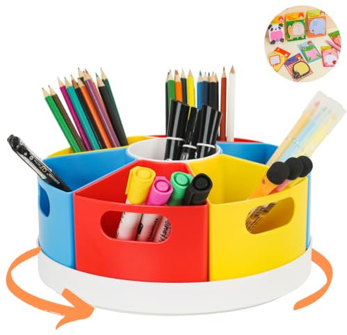 Lyfelights Kids Rotating Stationary Organiser with 7 Compartments. Kids Desk Tidy, Pencil Holder, Arts Organiser for Home Office, Schools, Playroom, Multi-coloured. (Large)