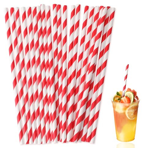 100 Pcs Strohhalme Papier, Strohhalme Einweg Papiertrinkhalme Biologisch Abbaubare Natur Papier Trinkende Trinkhalme Rote Streifen TrinkhalmePapier für Weihnachten, Feier Parteien, Camping