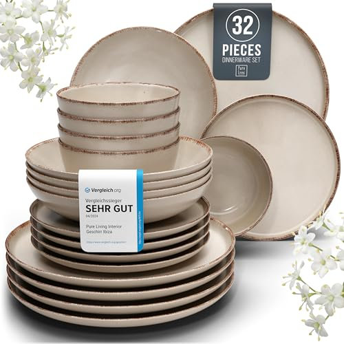 32 Piece Stoneware Dinnerware Set for 8, Handmade Plates and Bowls Set