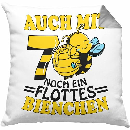 Trendation 70. Geburtstag Kissen mit Füllung 40x40 Geschenk Frauen Oma Großmutter Geschenkidee 70Er Bienen Auch Mit 70 Noch EIN Flottes Bienchen (Grau)
