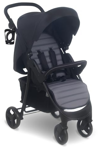 My Babiie MB30 Pushchair – from Birth to 4 Years (22kg), Easy Compact Fold, Large Shopping Basket, Adjustable Handle, Stroller Includes Cup Holder, Rain Cover – Black & Grey