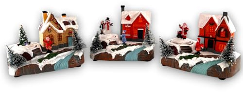 Generico Villaggio di Natale con 3 Giostrine 15x9x12 cm – Decorazione Natalizia Illuminata con Scena Innevata e Personaggi in Movimento, Perfetta per Creare un'Atmosfera Magica