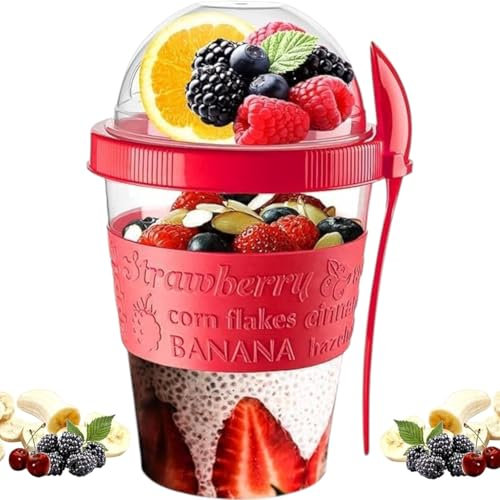 Pro Home Yogurt Pot With Spoon 20oz/600ml Bpa Free Reusable Airtight Dishwasher Safe On The Go Yoghurt Pots With Lids Museli Cereal Cup Containers Overnight Oats Jar Storage (Red)