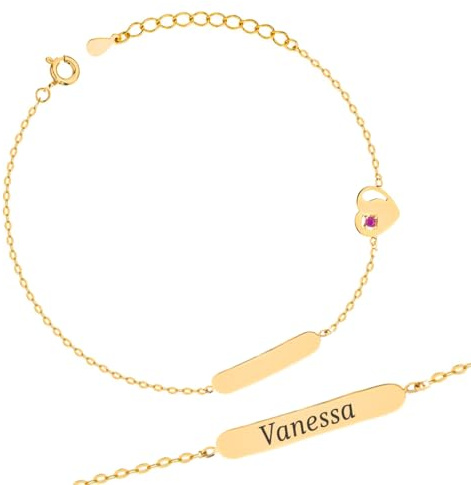 Sakrami Pulsera para niños personalizable de plata 925, placa con nombre y corazón con circonita fucsia, chapado en oro o rodio, regalo para cumpleaños, comunión, confirmación o nacimiento, caja
