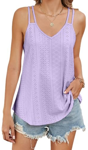 SamHeng Camiseta de Verano Sin Mangas para Mujer, Sexy Cuello en V Tirantes Finos Tank Tops Ojetes Huecos Bordado Camisetas de Tirantes Holgadas Elegante Básica Camisa Blusa Casual Cami