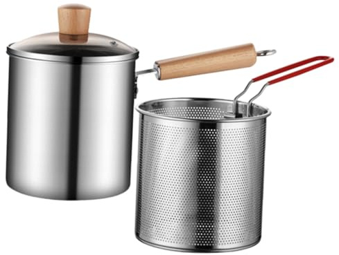 FUNNETOYU Freidora de Acero Inoxidable 304 Pequeña de 3l con Cesta para Freír, Mango de Madera Resistente al Calor, Olla Profunda para Cocina Doméstica y Eléctrica, Herramienta Versátil