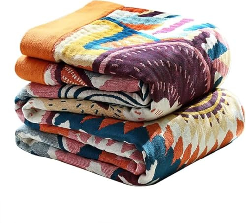 Boho Throw Blanket for Bed 100% Cotton Bohemian Blankets Ultra Soft Woven Muslin Decorative Blankets All Seasons Vintage Quilt Knitted Blanket for Sofa Chair (Colorful, 50x60)