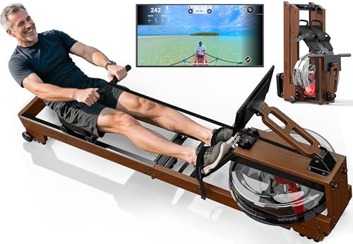 Rudergerät aus Holz mit Wasserwiderstand | 180kg max Tragkraft, Bluetooth 5.1 LED-Trainingscomputer | Klappbares Ganzkörpertraining für Zuhause | Kompatibel mit Fitness-Apps & Echtzeit-Datenanalyse