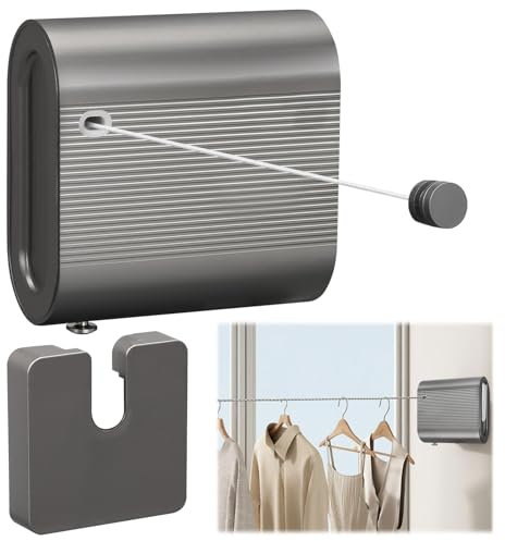 Qivine Stendibiancheria Retrattile, 4,2m Corda da Bucato Riavvolgibile in Acciaio Inossidabile, Stendibiancheria da Parete Salvaspazio, Anti-Cedimento, per Interni ed Esterni (Grigio)