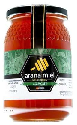 Miel pura de abeja. Miel de Aguacate en formato de 500 gr. Sabor con notas a caramelo y frutos secos, con muchas propiedades que aportan su consumo diario. Producto Artesano Cosecha Propia de Granada.