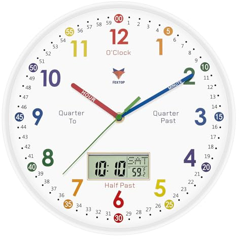 Foxtop Kids Learning Wall Clock Silent Analogue 12 Inch Teaching Clock for Classrooms Children's Room Clocks with Time Week Temperture LCD Display
