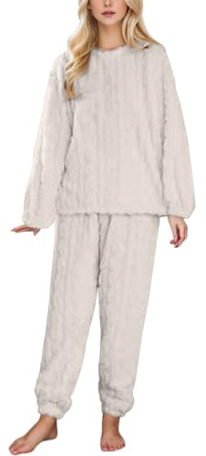 Generisch Pijama para mujer, invierno, cálido, forro polar, mullido, cuello redondo, sudadera, parte superior, pantalones de peluche, conjunto de pijamas, dos piezas con bolsillos, cálido, cómodo
