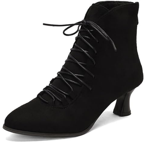 MiaZane Botas Victoriana de Moda para Mujeres Tacón Kitten de Cordones Punta en Pica Botines Tobillera Cremallera Trasera para Atuendos de Otoño y Noche Ante Transpirable,Negro,46 EU