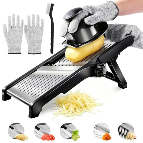 Zencantorous Mandolina de Cocina Profesional, Cortador de Verdura de Acero Inoxidable, Mandolina Multifuncional Ajustable, con Cepillo de Limpieza y Guantes Anticorte, para Cebolla, Tomates, Patatas