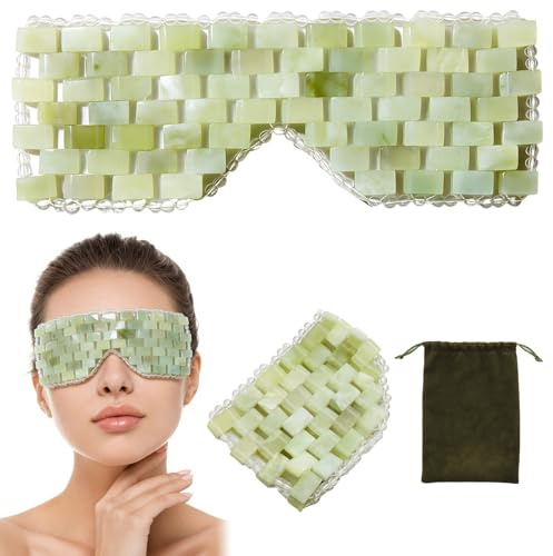 VEGCOO Masque pour les Yeux en Jade, Femme Masque Yeux Pierre Anti-Âge Sac de Rangement en Velours, pour Apaise la Fatigue, Yeux Gonflés, Cernes et Rides