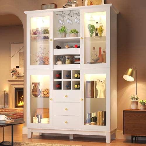 Huayz Armadietto da cucina con portabottiglie e portabottiglie, armadietto da vino con 3 cassetti, armadio alto da cucina con illuminazione a LED, armadietto per cucina, sala da pranzo, soggiorno