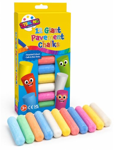 STERLING PRODUCTS 12 Giant Pavement Chalks – Non-Toxic Washable Sidewalk Chalk for Kids, Vibrant Assorted Colours, Creative Outdoor Art Play for Driveways, Playgrounds, and Pavements (10cm Length)