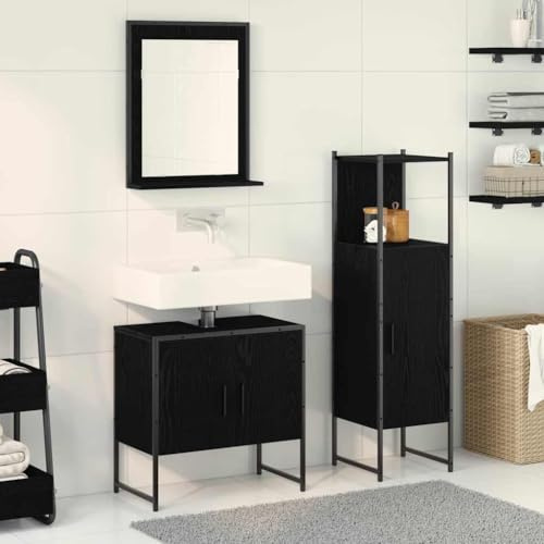Traylux Badrumsmöbelset med hylla, 3 stycken, svart, trämaterial, väggmonterad, badrumsmöbler, set med tvättställ, spegel, högskåp och förvaringsutrymme för moderna badrum