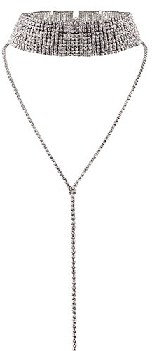 Elegant Rose Multi-rows Rhinestones Choker Necklace Round Neck Long Sweater Pendant Adjustable Necklace Jewelry for Ladies Womens (Silver)