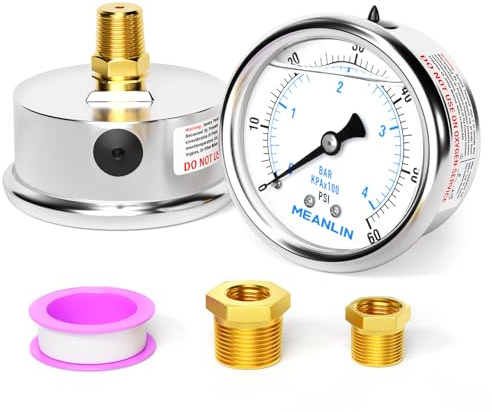 MEANLIN MEASURE 0~60Psi Stainless Steel 1/4 NPT 2.5 FACE DIAL Liquid Filled Pressure Gauge, Pool Sand Filter Pressure Test Center Back Mount, with 1/2 NPT and 3/8 NPT Hex Bushing