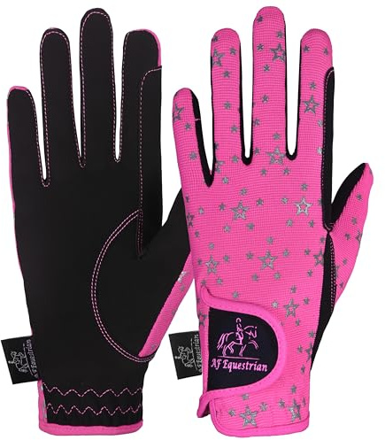 AFE Gants d'équitation pour enfants unisexes pour filles et garçons - Gants d'équitation de plein air - Gants de cyclisme pour enfants - Noir bleu rose - Motif étoiles roses - Taille L