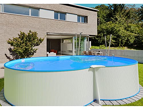Planet Pool Stahlwandpool achtform 470x300x120 cm, Stahl 0,4 mm weiß, Folie 0,4 mm blau, Einhängebiese