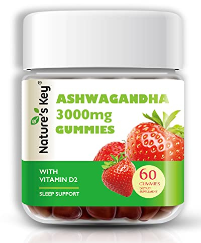Nature's Key Ashwagandha Gummies, 3000mg High Potency Ashwagandha Root Extract with Vitamin D2, Stress, Calm Mood & Cognition, for Men & Women, Strawberry Flavor (60 Count (Pack of 1)