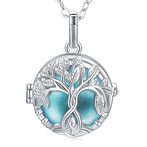 CELESTIA Bola Grossesse Argent Plaqué Collier Bola Grossesse Arbre de Vie Pendentif Femme Enceinte avec Bleu Boule de Carillon e Longues Chaîne
