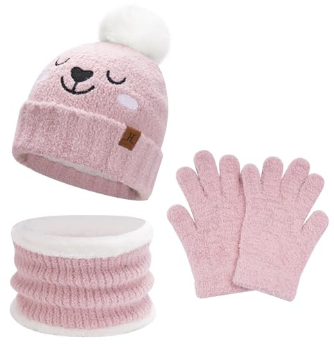 Bequemer Laden Niños Invierno Gorro Termico Pompon Guantes Tactiles Bufanda Conjunto con Forro Polar Regalo Bebe para 5-8 Años Niña Niño