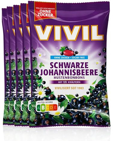 VIVIL Ribes nero con 11 erbe, 5 bustine, caramelle per la tosse con sapore di ribes, senza zucchero e vegano, 5 x 120 g