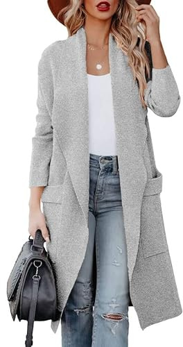 kinstell Chaqueta de punto casual para mujer, de manga larga, abertura frontal, drapeada, chaqueta larga de punto, chaquetas, suéteres, abrigos, blazer con bolsillos, gris claro, XL