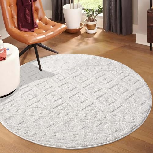 carpet city Kurzflor Teppich Creme - 200 cm Rund - Wohnzimmer-Teppiche Hochtief-Muster, 3D-Effekt - Raute-Muster - Flachflor Bodenbelag, Deko Schlafzimmer