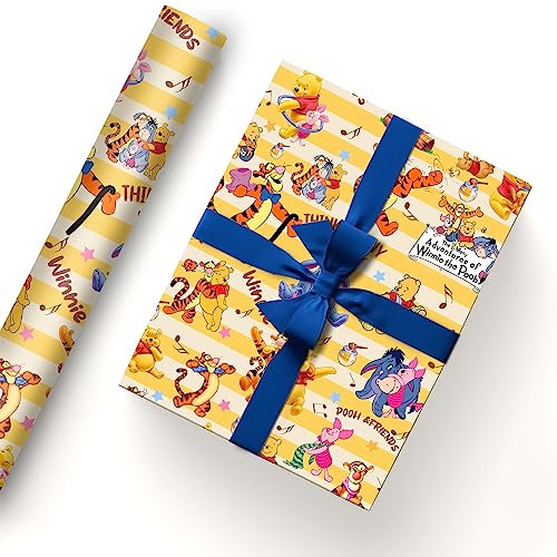 HOOKTA 5 Stück Puuh Geschenkpapier 51 x 75 cm Kraftpapier Langlebig Puuh und Tigger Geschenkpapierbögen für Kinder Geburtstage Party Festliche Dekoration (Honigumarmungen) (Musikalische Streifen)