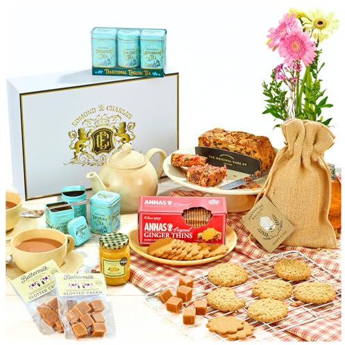 Edmond & Charles Luxury Afternoon Tea Hamper for 2 | Gift Box with Teas, Clotted Cream Fudge, Lemon Curd, Gourmet Biscuits & Fruit Cake | Hampers Presents for Women | Set of Artisanal Birthday Treats