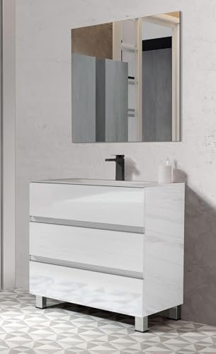 EL BAÑO MODERNO Juego de Muebles de Baño con Lavabo y Espejo - Compacto Preinstalado de Fábrica - Mueble con Lavabo de Porcelana