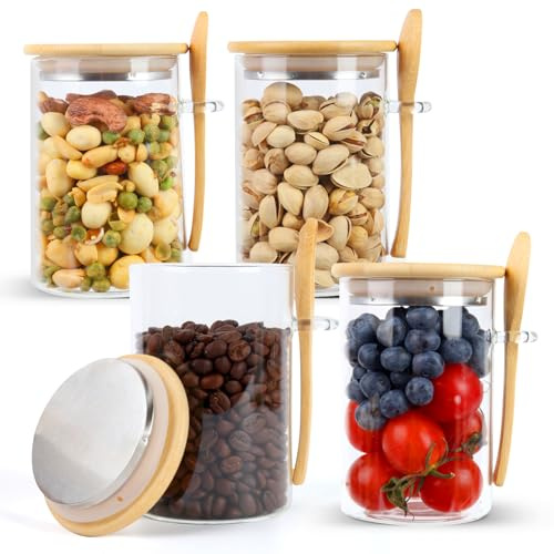 QOEOTUY Förvaringsburkar med bambulock lufttät: 4 stycken 500 ml övernattningsburkar med sked – förvaringsburk med lock, lufttät förvaringsburk för flingor, yoghurt, chiapudding, socker och salt