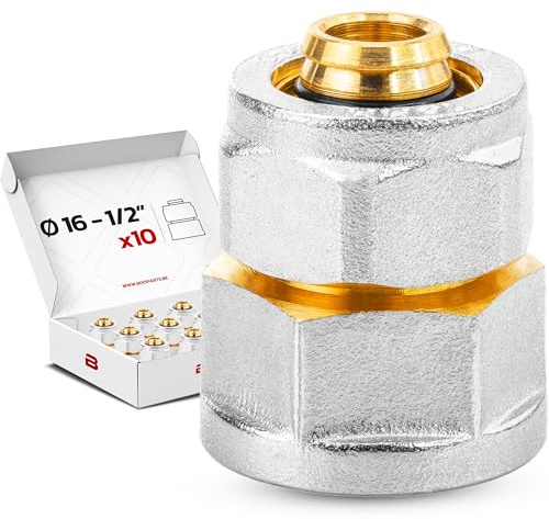 BOOPARTS – Set 10 Pezzi – Raccordo a Compressione Dritto Ø16-1/2F | Giunto Filettato Femmina 1/2 a Vite | Per Tubo PEX-AL-PEX 16mm Senza Pressatrice