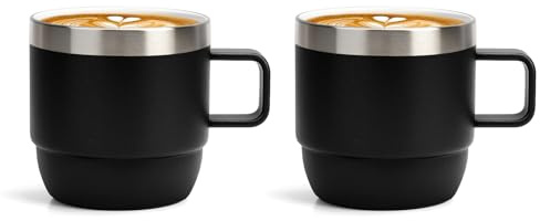 Zenbo 6 oz Espresso/Coffee Mug with Handle, Double Wall Vacuum Insulated 18/8 Stainless Steel Ceramic Lined Cups, Coffee, Tea, Hot & Cold Drinks, No Sweat, Dishwasher Safe（Black-2Pack）