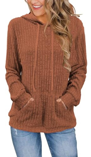 DUOEASE Damhoodies Casual Elegant Tröja med Fickor Höst Vinter Långärmad Toppar, Karamell, XL